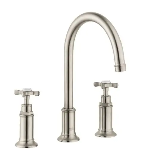 Waschtischarmatur mit gebogenem Auslauf und zwei Kreuzgriffen in gebürstetem Nickel, hergestellt von AXOR. Inklusive Zugstangen-Ablaufgarnitur.